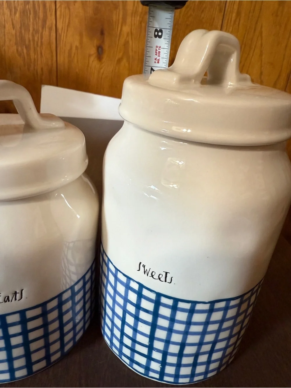 Rae Dunn Blue Gingham Plaid Treats and Sweets Canisters Set of 2 READ